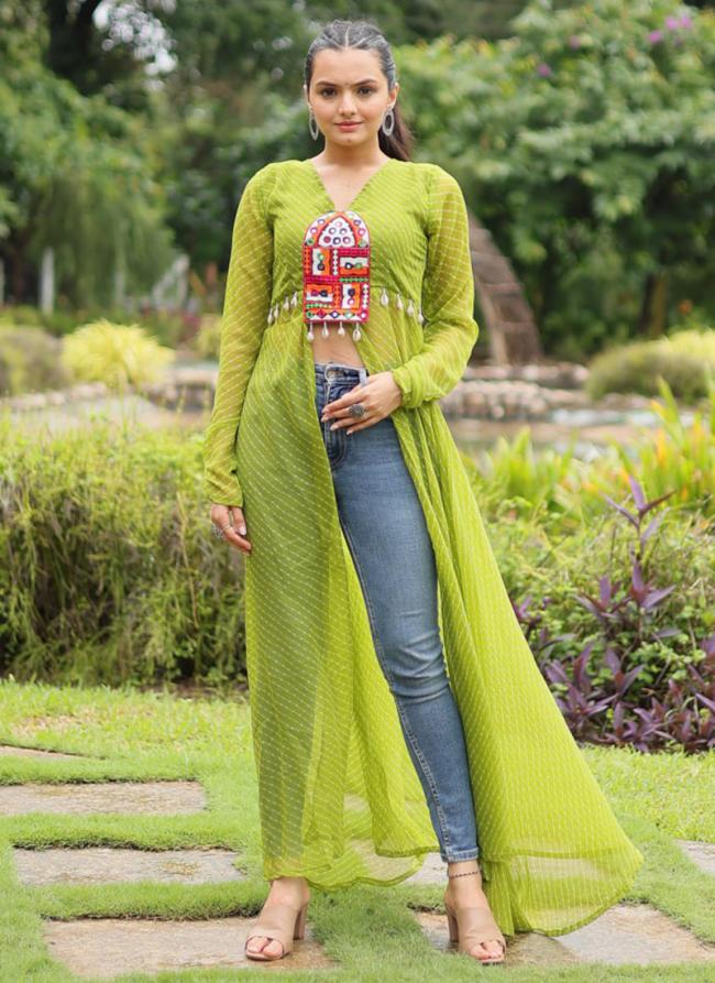 Georgette Green Navratri Wear Leheriya Print Readymade Kurti